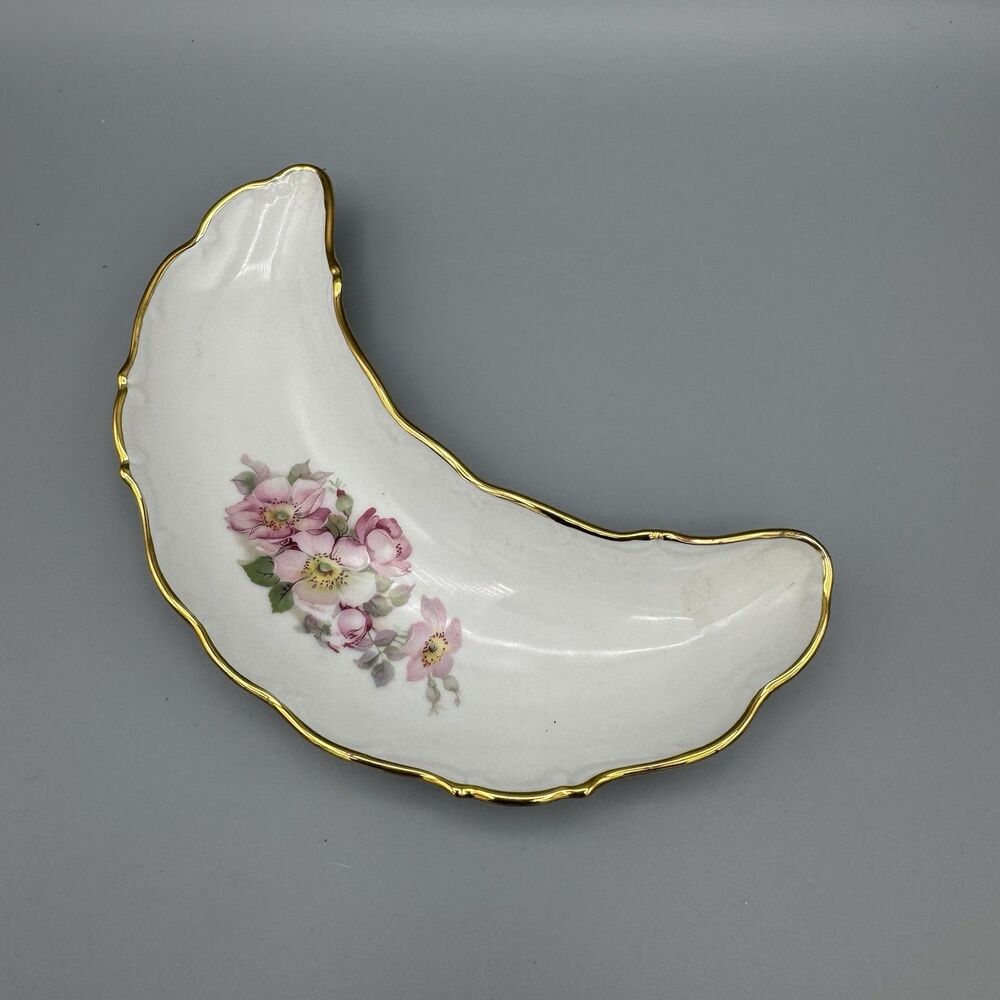 Vtg Crescent Moon Shaped Bavaria Briar Rose Porcelain Trinket Dish Gold Gild